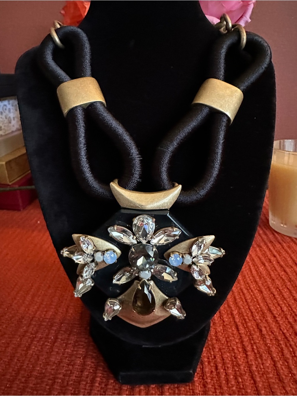 J. Crew Black and Gold Chunky Crystal Statement Pendant Necklace
